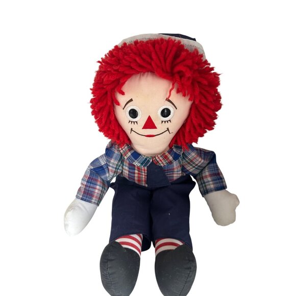 Vintage Raggedy Andy Doll 17 in With Red Yarn Hair Blue Outfit & Striped Socks - Picture 5 of 6